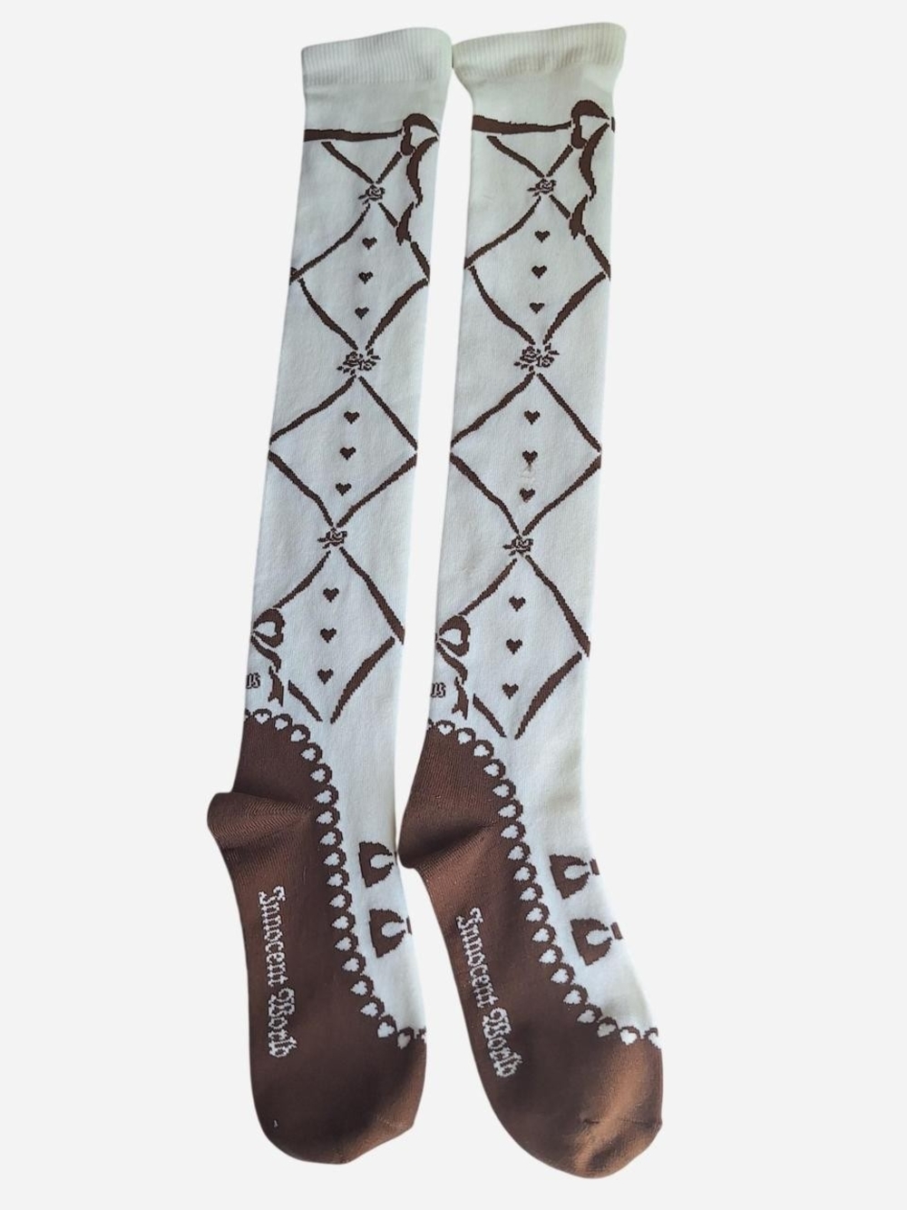 Innocent World Ivory Brown Ballet Ribbon Hearts OTK Socks | Classic Lolita